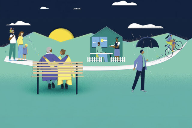 family, older couple, kids, man with umbrella